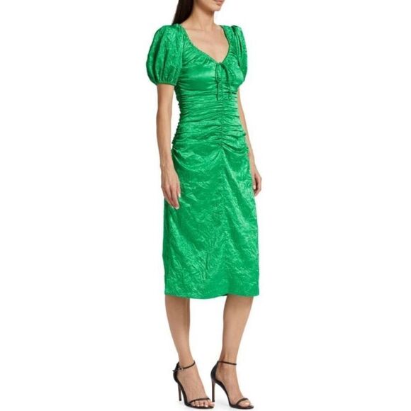 GANNI Ruched Satin Midi Dress in Bright Green NWT Size 34/2 - Picture 1 of 12